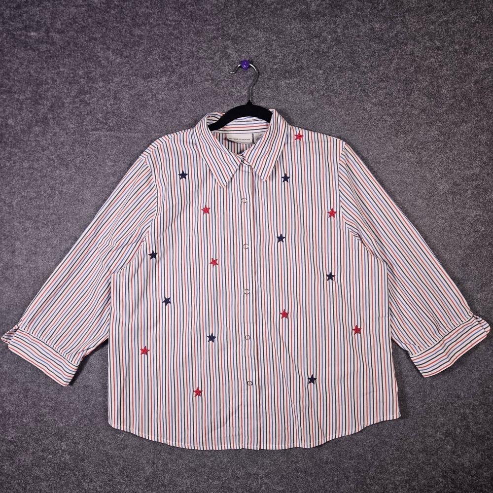 Womens Button Down Striped Star Embroidered July 4th Americana Shirt Sz 14P